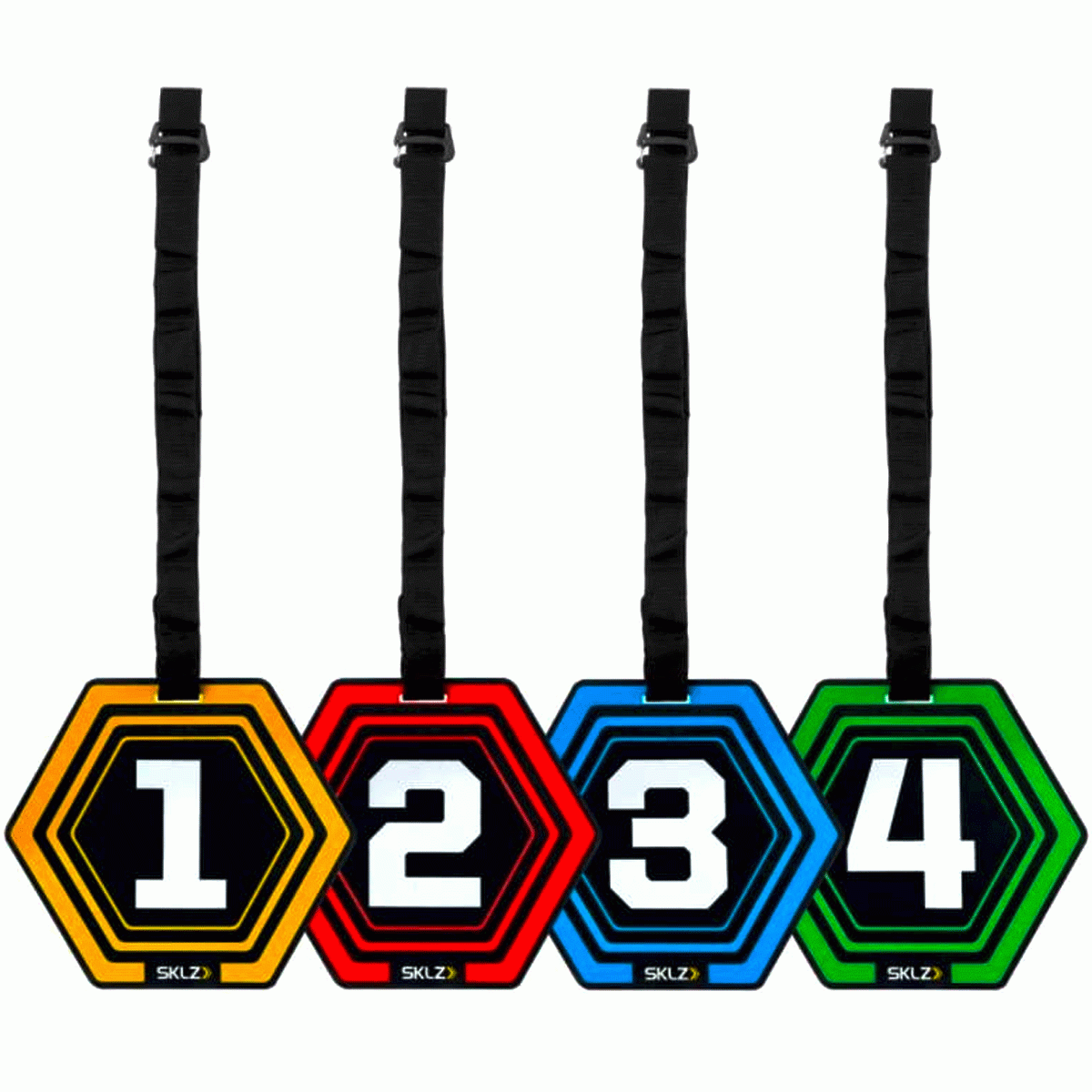 Zestaw czterech kolorowych znaczników treningowych SKLZ Reactive Agility Targets z numerami od 1 do 4.
