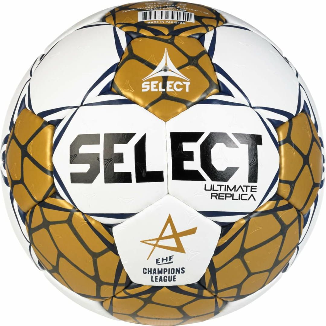Piłka do piłki ręcznej Select Ultimate EHF European League V24 – widok ogólny na złoto-białą piłkę z oficjalnym logo EHF