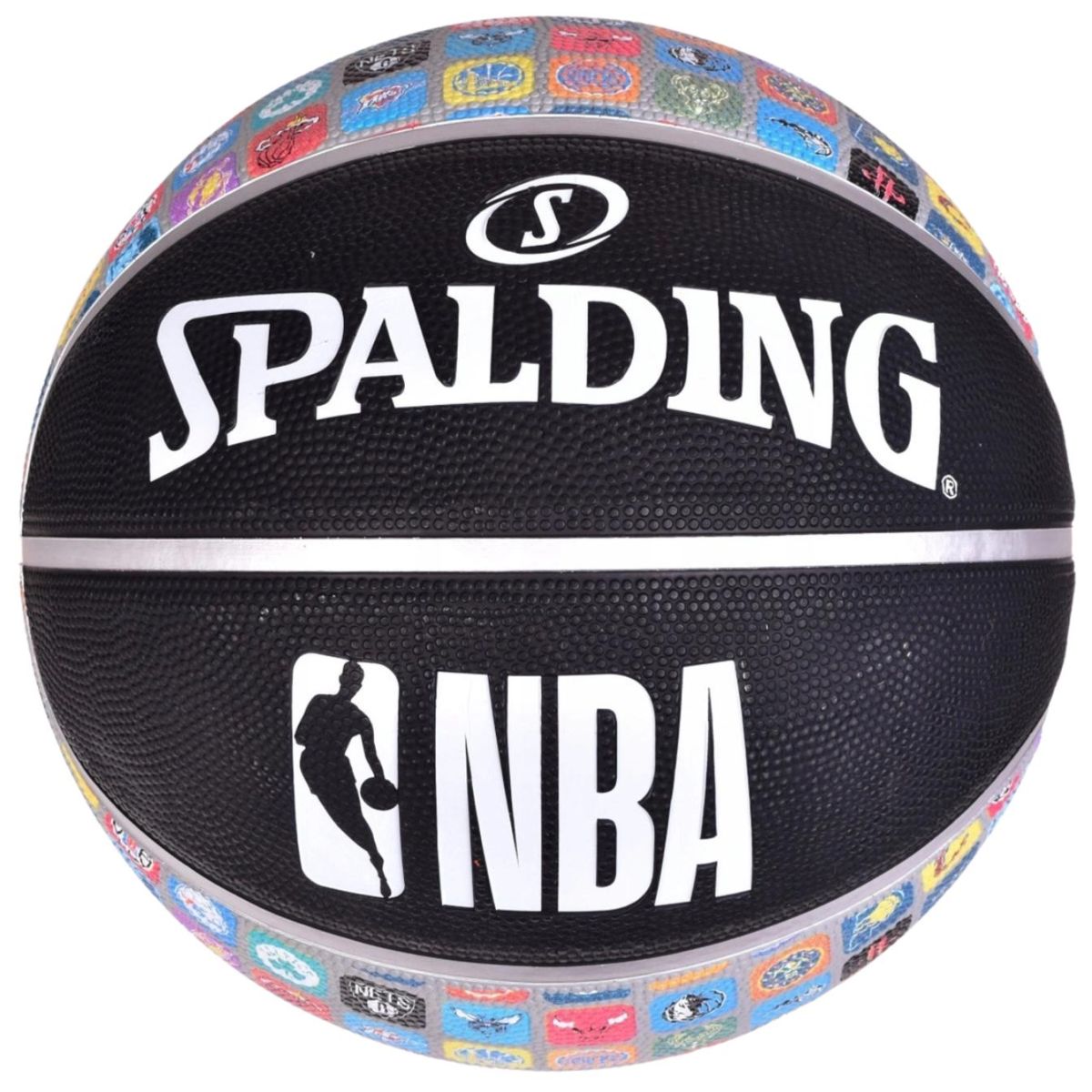 Piłka do koszykówki Spalding NBA Team Collection z kolorowymi logotypami drużyn NBA, widok centralny